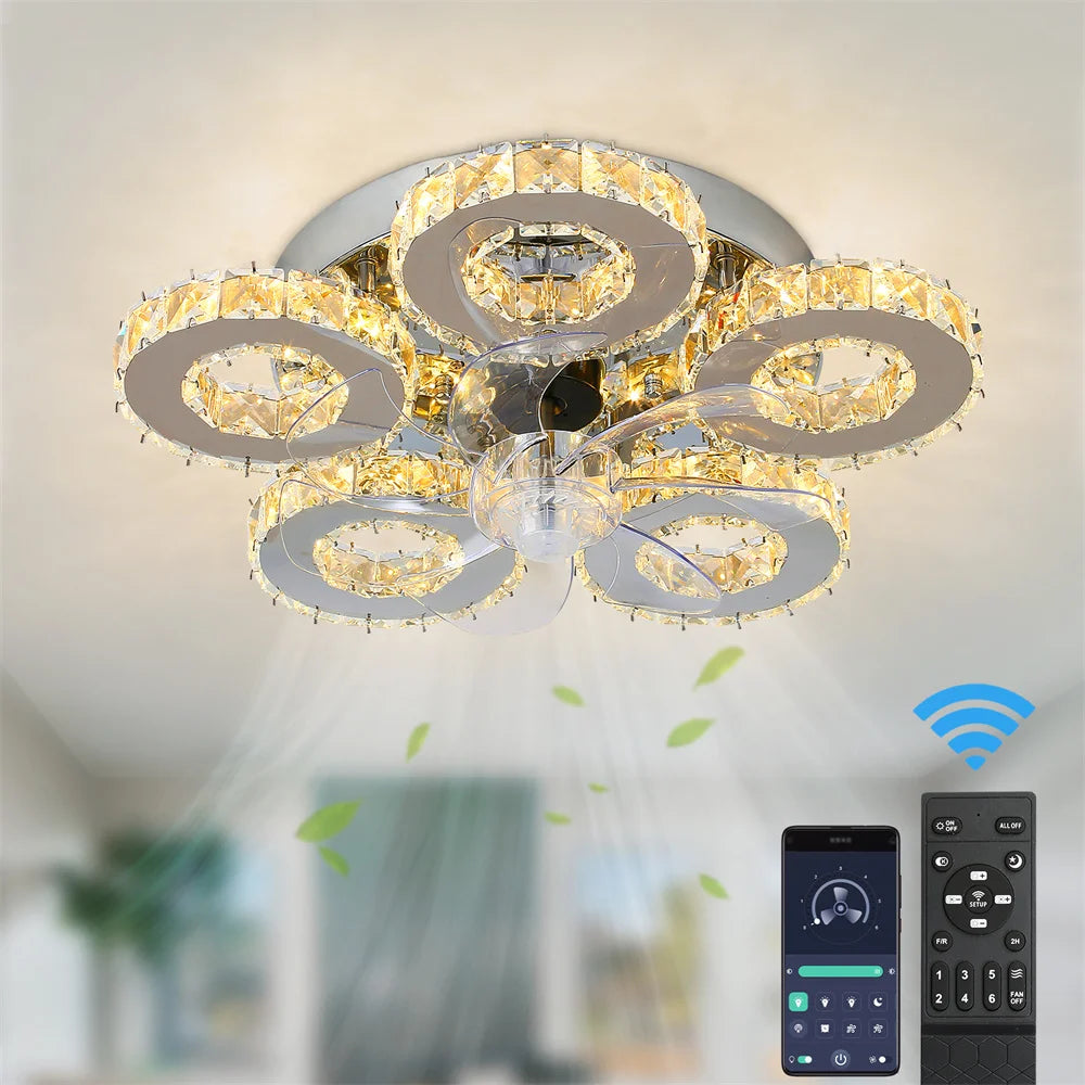 Luxury Crystal Ceiling Fan Lamp LED APP Remote Control