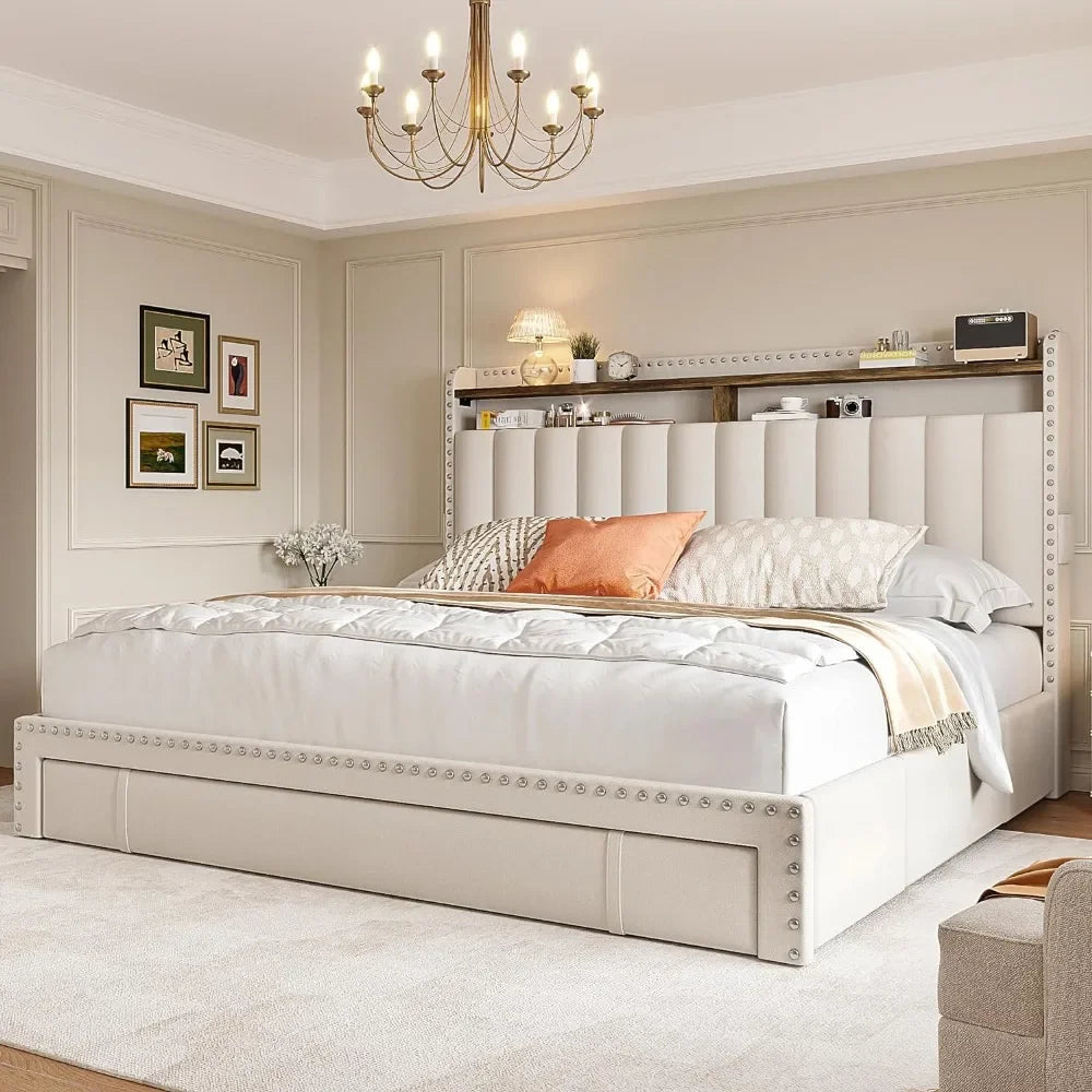 Full-size upholstered bed frame & Headboard with 3 Drawers