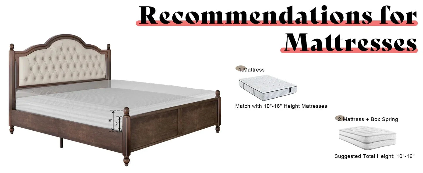 Queen Solid Wood Bed Frame with 52.5" Upholstered Tufted Headboard