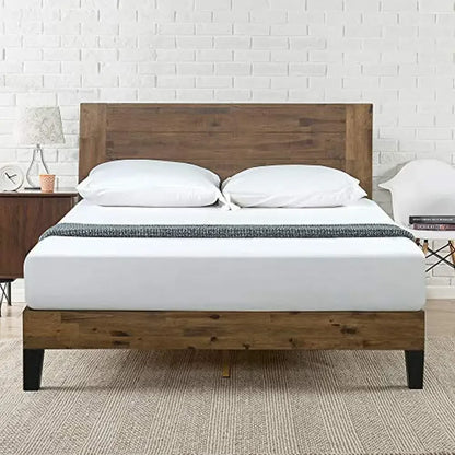 Simple Wood Queen Platform Bed Frame Sturdy Construction Brown Color