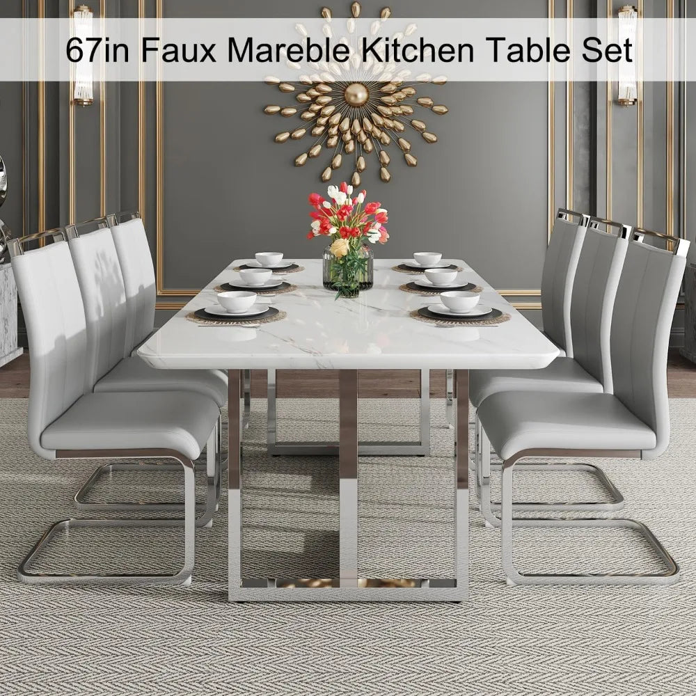 Luxury Dining Table Set 67'' Dining Table Set 6 Leather Upholstered Chairs