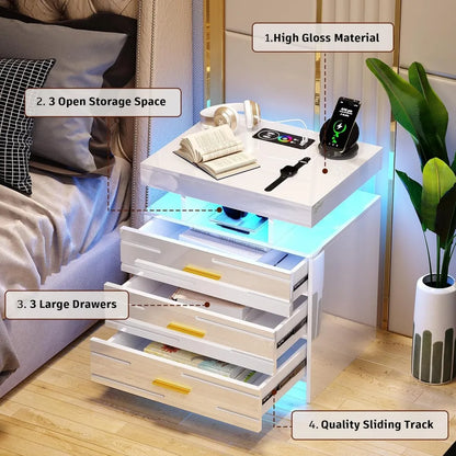 High-Gloss Modern Night Stand with 24 LED Color Lights and 3 Drawers