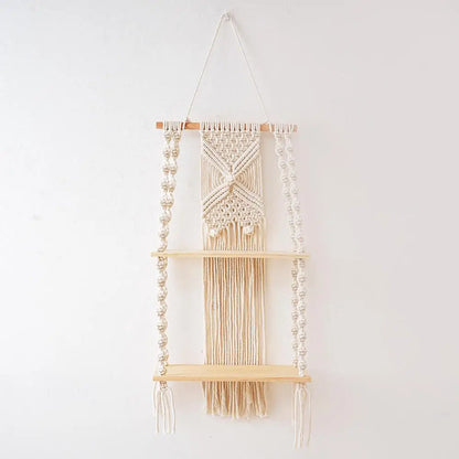 2 Tier Macrame Wall Hanging Floating Shelf Natural Cotton Rope Boho Home Decor Wooden Wall Shelf Candle Holder Hangings Shelf