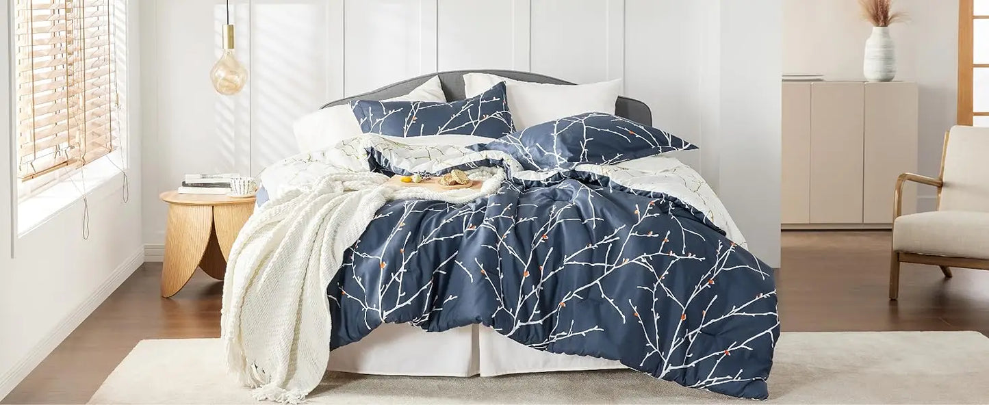 Queen 7 Pieces Reversible Navy Blue Floral Bed Set Tree Branch Pattern