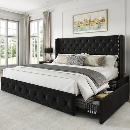 King Size Bed Frame with 4 Storage Drawers and Tufted Headboard Velvet Upholstered