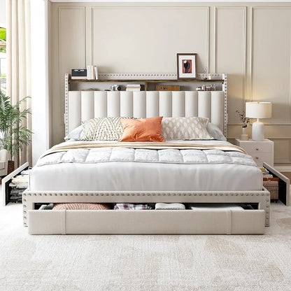 Full-size upholstered bed frame & Headboard with 3 Drawers