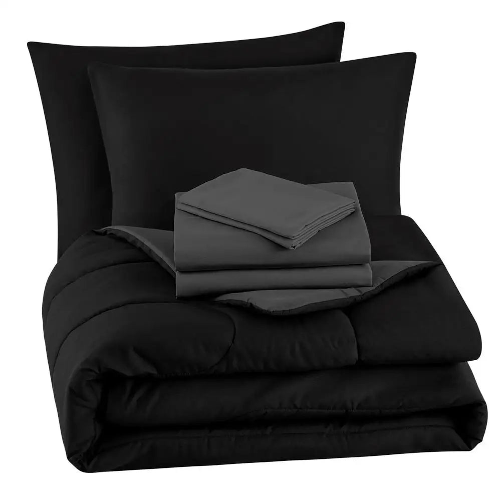 7-Piece King Bedding Set Reversible Black Comforter with Sheets