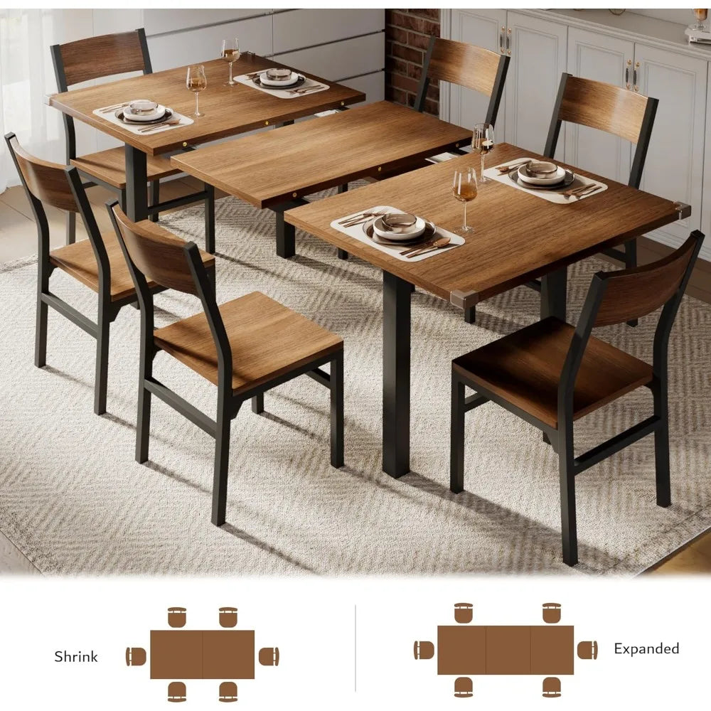 7 Pieces Dining Table with 6 Chairs, 63" Extendable