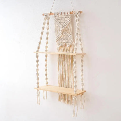 2 Tier Macrame Wall Hanging Floating Shelf Natural Cotton Rope Boho Home Decor Wooden Wall Shelf Candle Holder Hangings Shelf