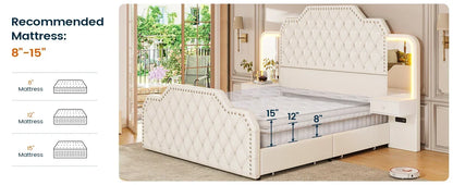 Queen Size 53” Tall Platform Bed Frame With 4 Storage Drawers Built-in Charging Station