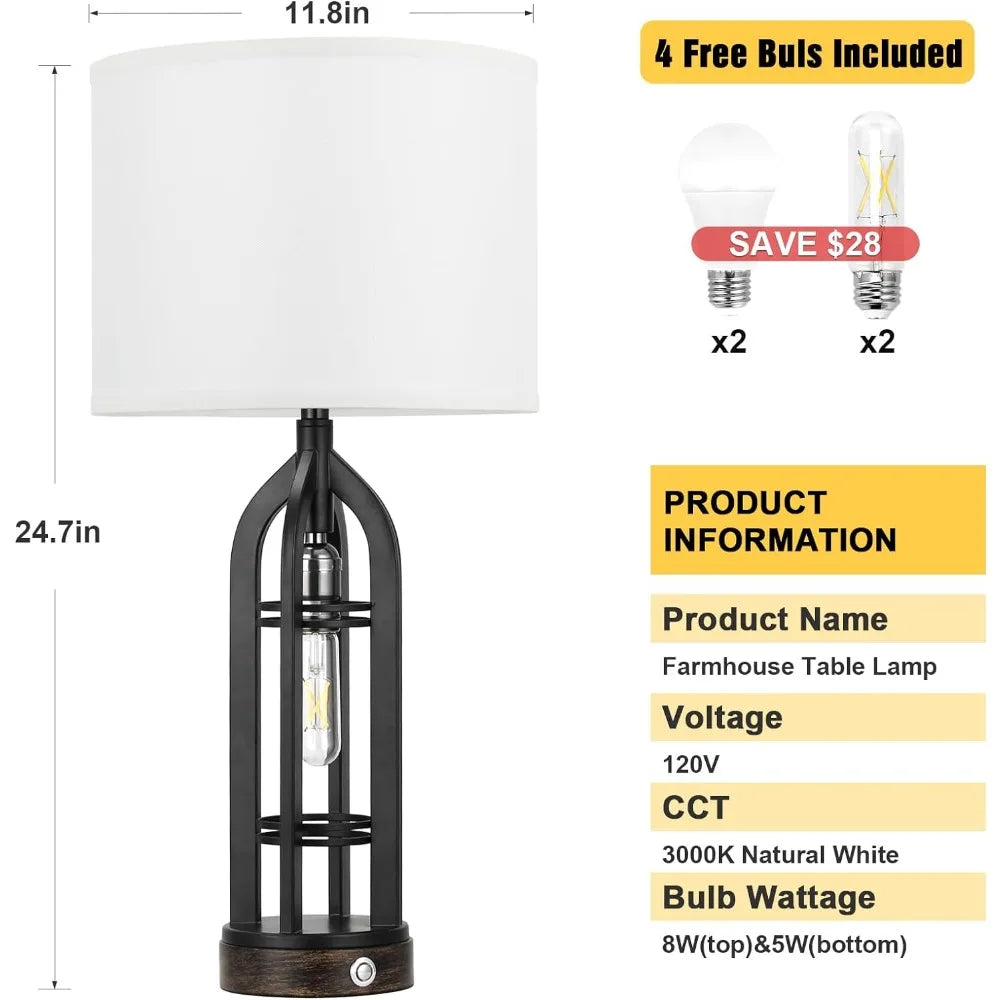 Set of 2 Lamps with USB C+A & Outlet, 3-Way Dimmable