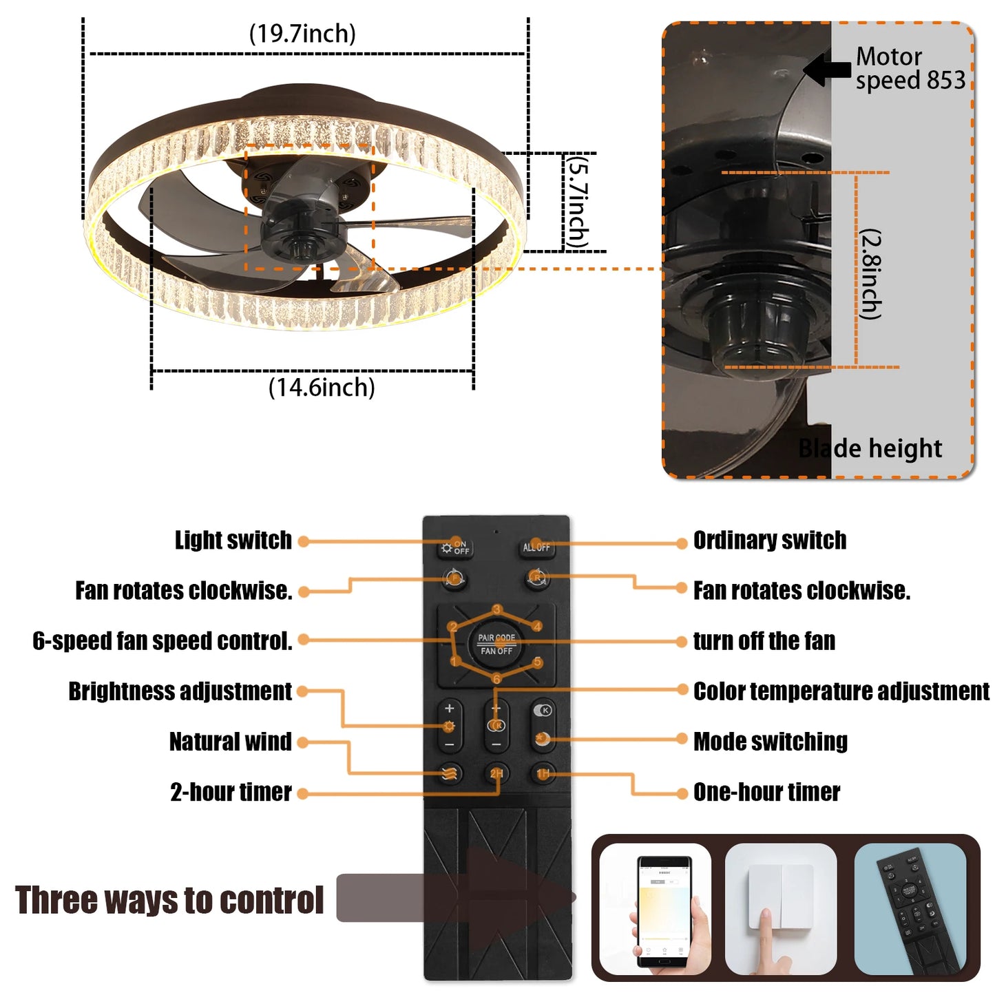 Minimalist Ring LED Chandelier Fan with Remote Control