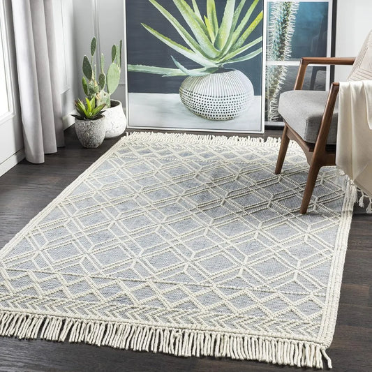 Wool Rugs, 8x10 Cottage Denim Area Rug, Grey White Ivory Carpet