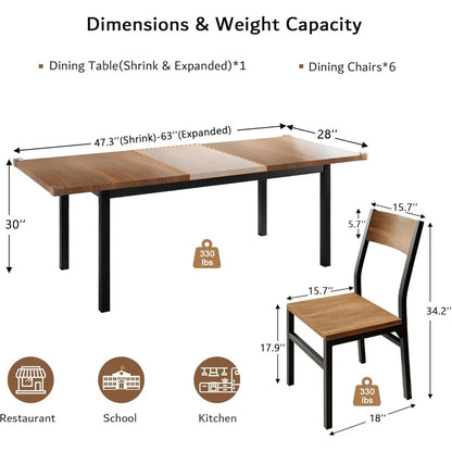 7 Pieces Dining Table with 6 Chairs, 63" Extendable