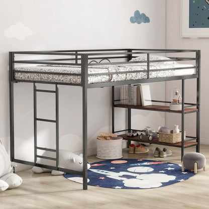 Junior Twin Loft Bunk Black with Cinnamon Wood Shelf Bedroom Set