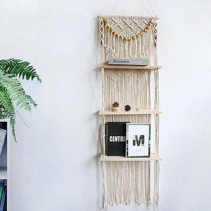 Tapestry Macrame Floating 3-Tiered Wall Shelf With Handmade Woven Rope