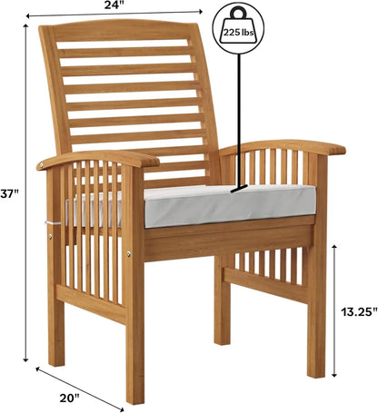 Modern 2 Piece Solid Acacia Wood Slat Back Outdoor Dining Chairs