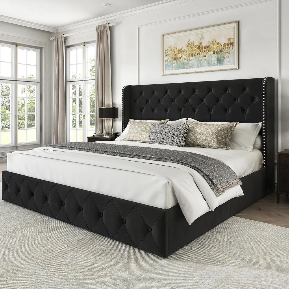 King Size Bed Frame with 4 Storage Drawers and Tufted Headboard Velvet Upholstered