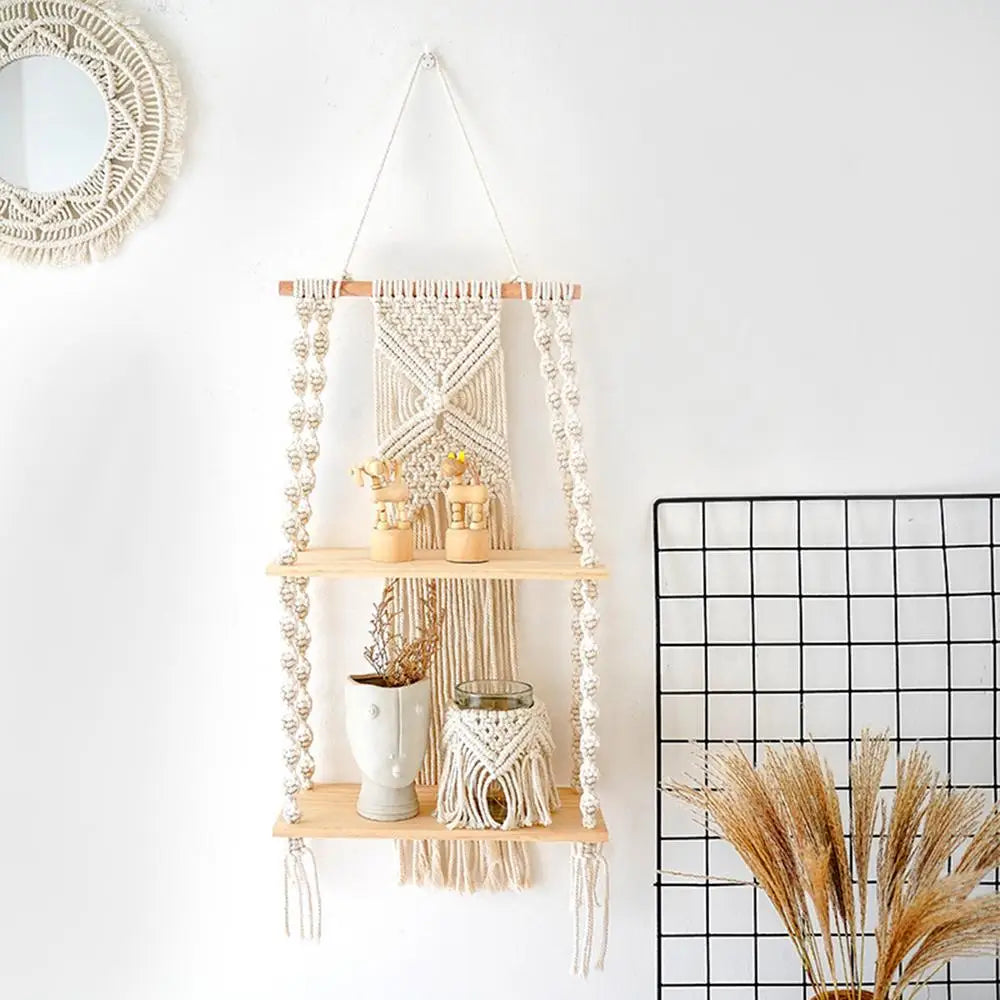 2 Tier Macrame Wall Hanging Floating Shelf Natural Cotton Rope Boho Home Decor Wooden Wall Shelf Candle Holder Hangings Shelf