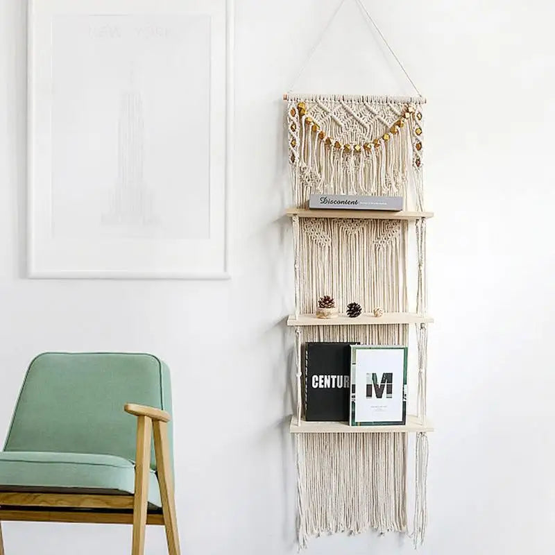 Tapestry Macrame Floating 3-Tiered Wall Shelf With Handmade Woven Rope