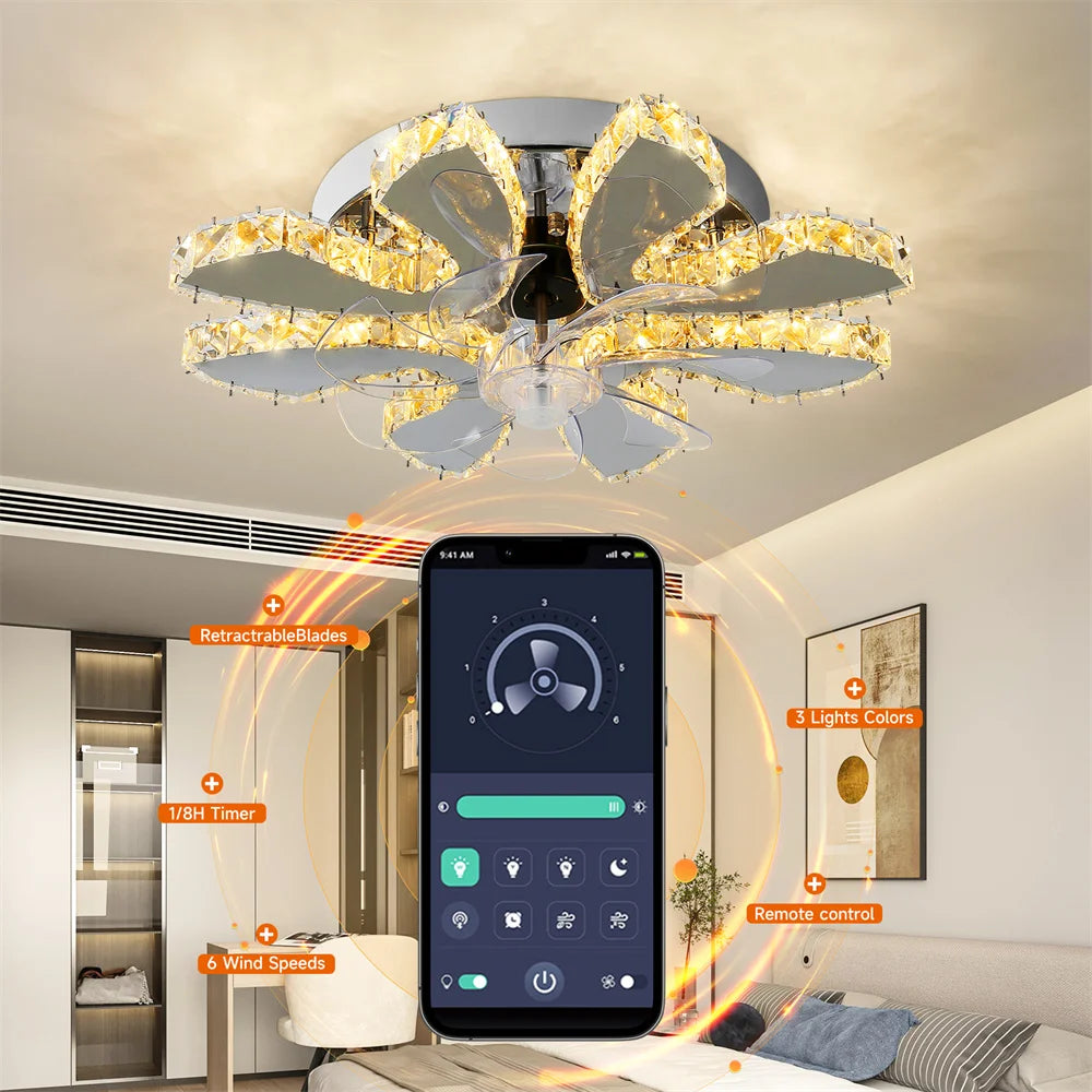 Luxury Crystal Ceiling Fan Lamp LED APP Remote Control