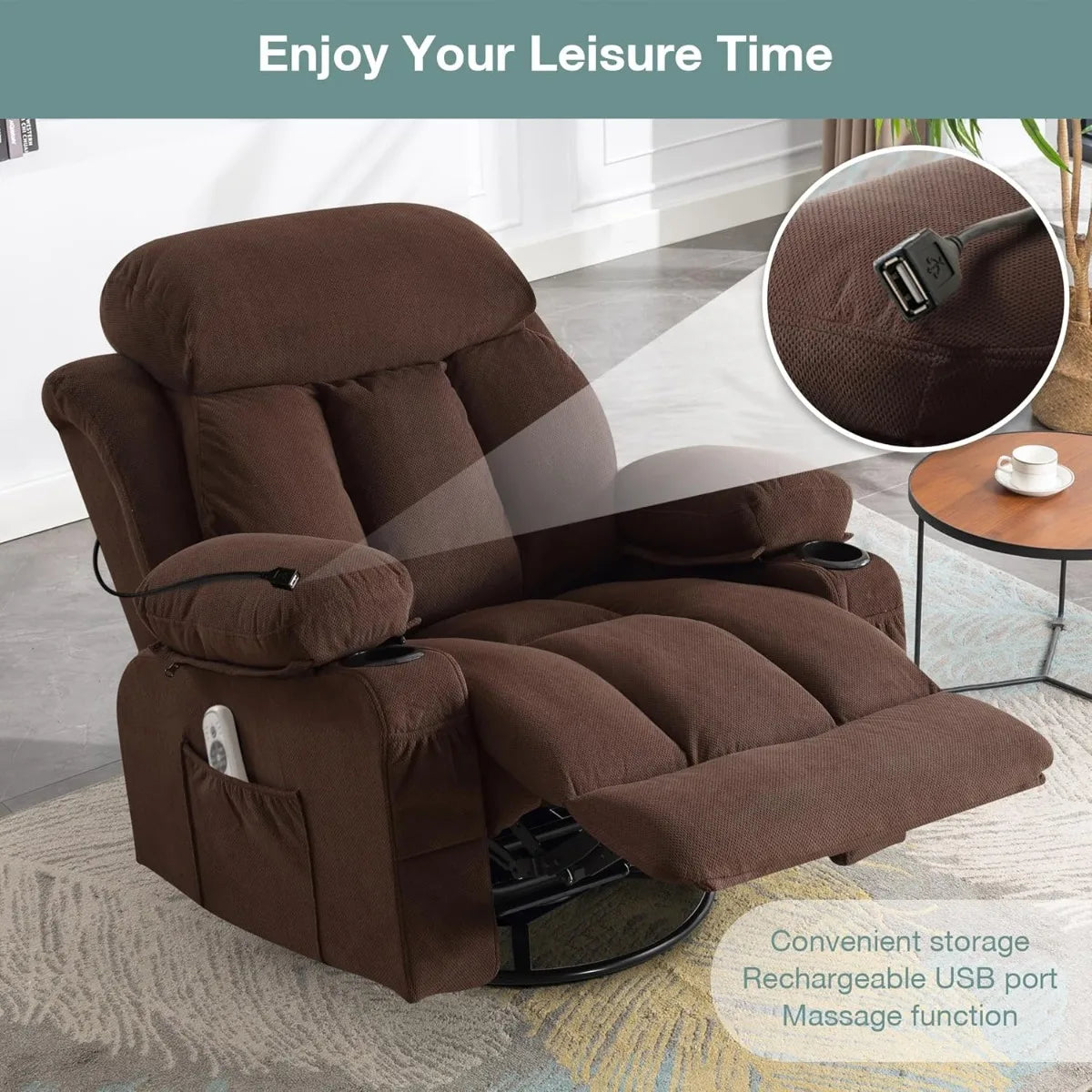 Swivel and Rocking Massaging Recliner with Heat and Vibration