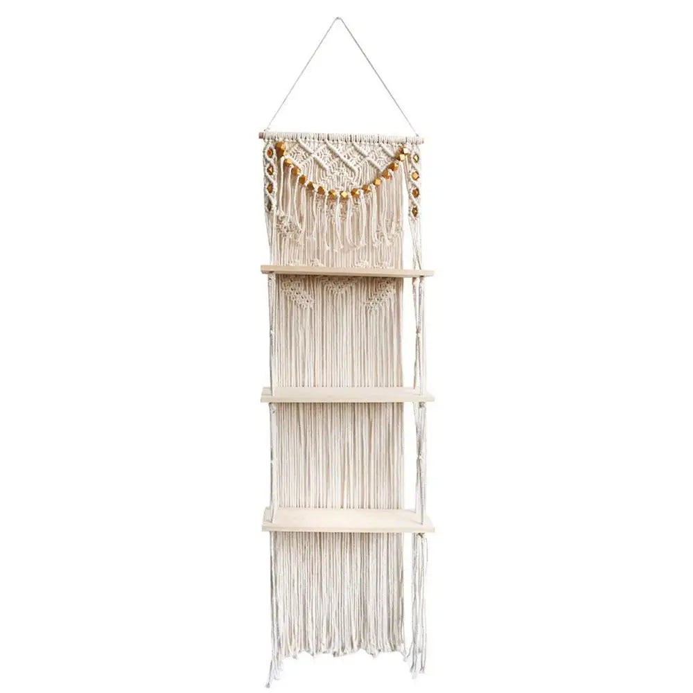 Tapestry Macrame Floating 3-Tiered Wall Shelf With Handmade Woven Rope