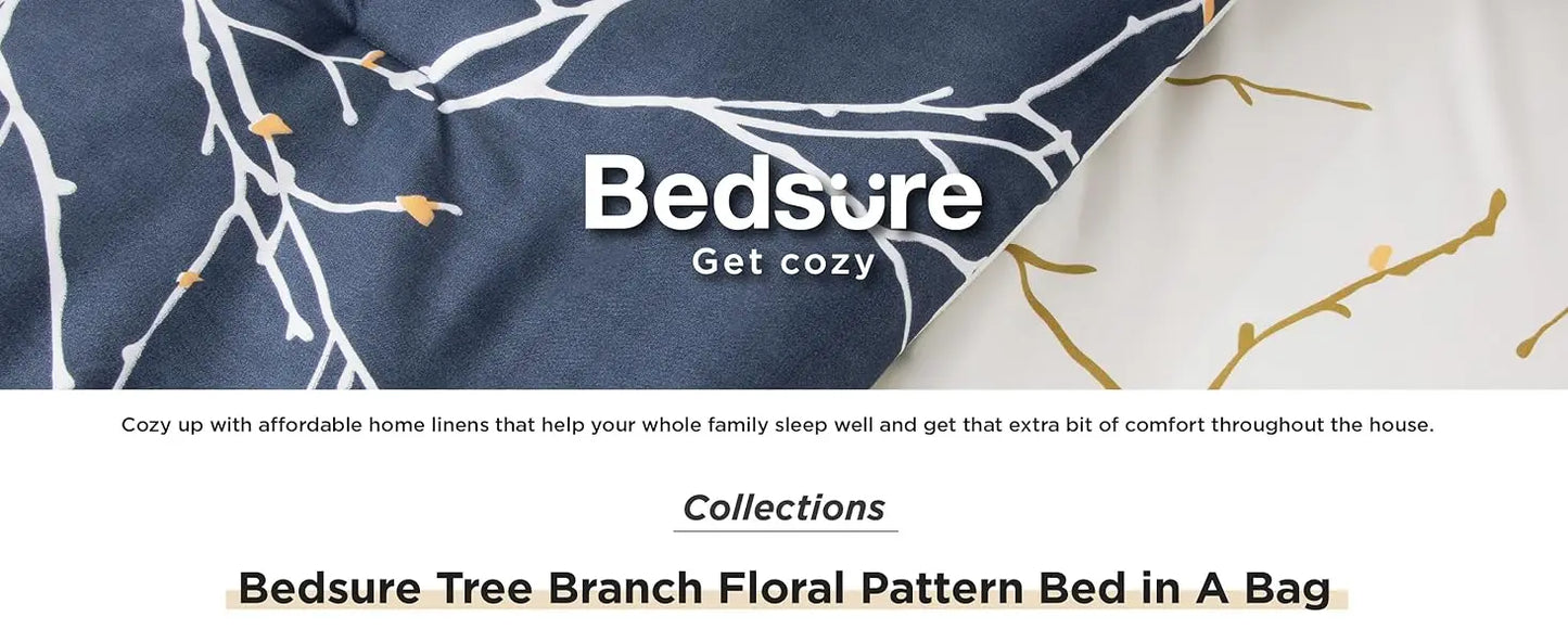 Queen 7 Pieces Reversible Navy Blue Floral Bed Set Tree Branch Pattern