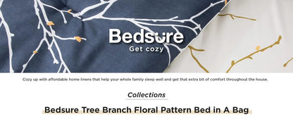 Queen 7 Pieces Reversible Navy Blue Floral Bed Set Tree Branch Pattern