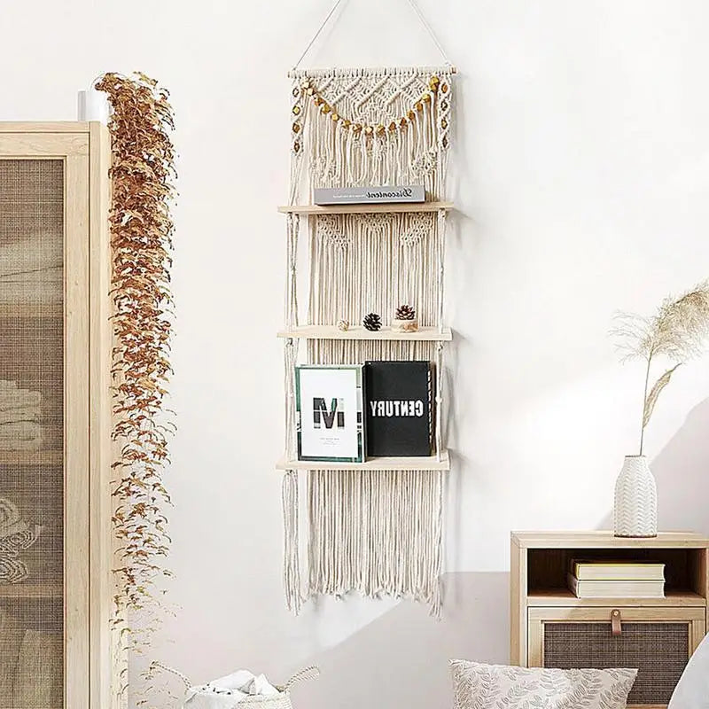 Tapestry Macrame Floating 3-Tiered Wall Shelf With Handmade Woven Rope