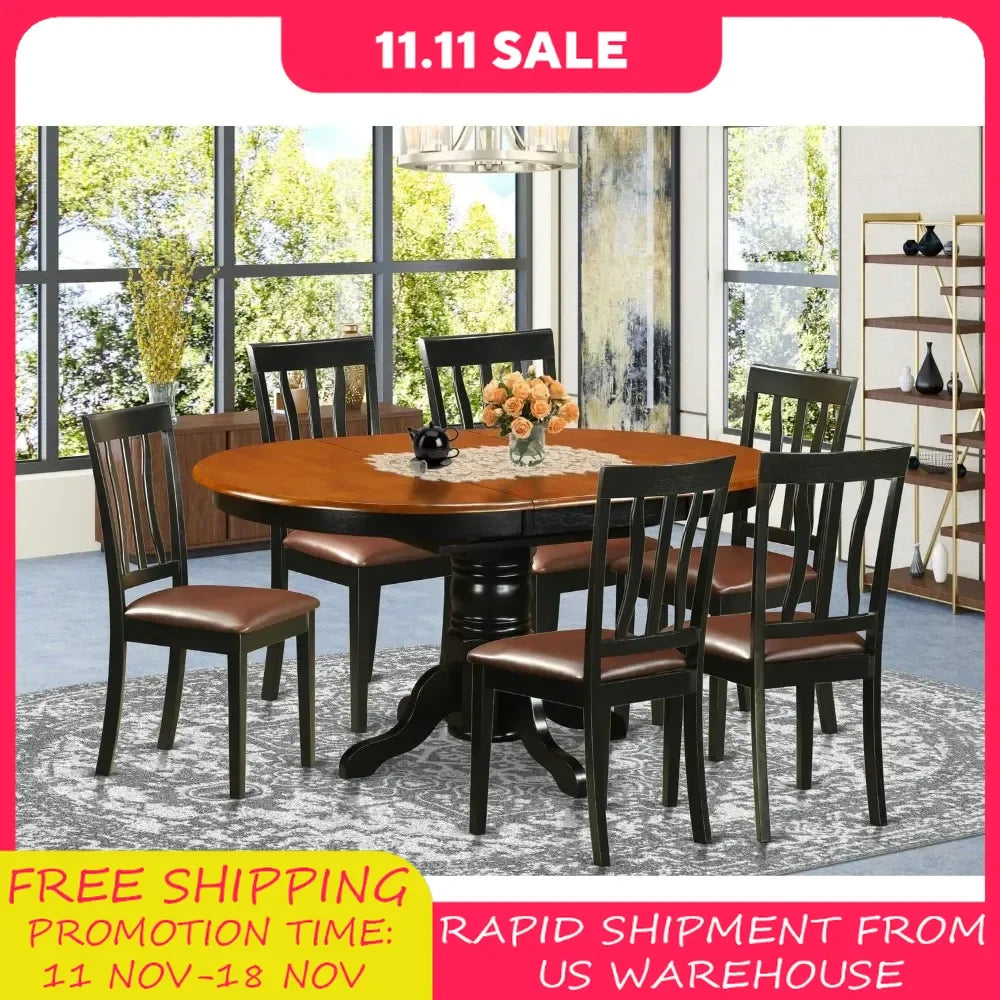 7 Piece Dining Room Table Set, Oval Kitchen Table with Butterfly Leaf, and 6 Faux Leather Upholstered Dining Chairs