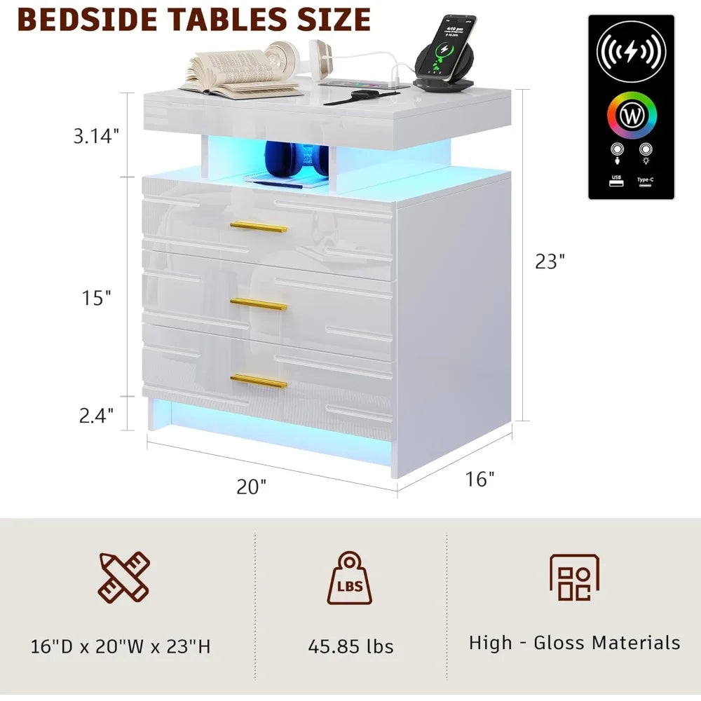 High-Gloss Modern Night Stand with 24 LED Color Lights and 3 Drawers