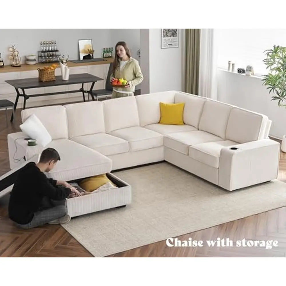 Luxurious Comfort Beige Corduroy U-Shaped Sofa 7 Seater with USB Ports & Storage Chaise