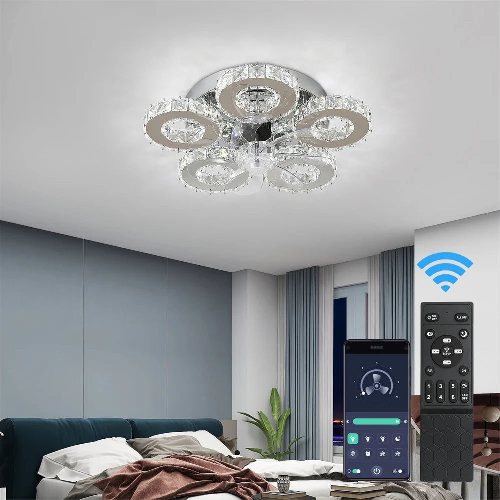 Luxury Crystal Ceiling Fan Lamp LED APP Remote Control