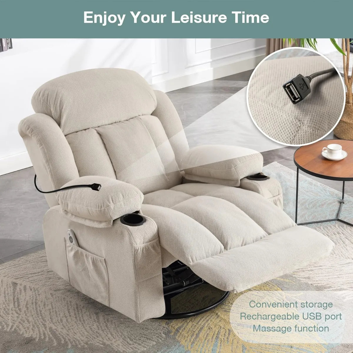 Swivel and Rocking Massaging Recliner with Heat and Vibration