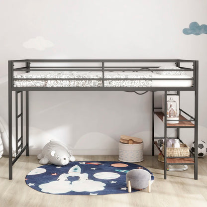 Junior Twin Loft Bunk Black with Cinnamon Wood Shelf Bedroom Set