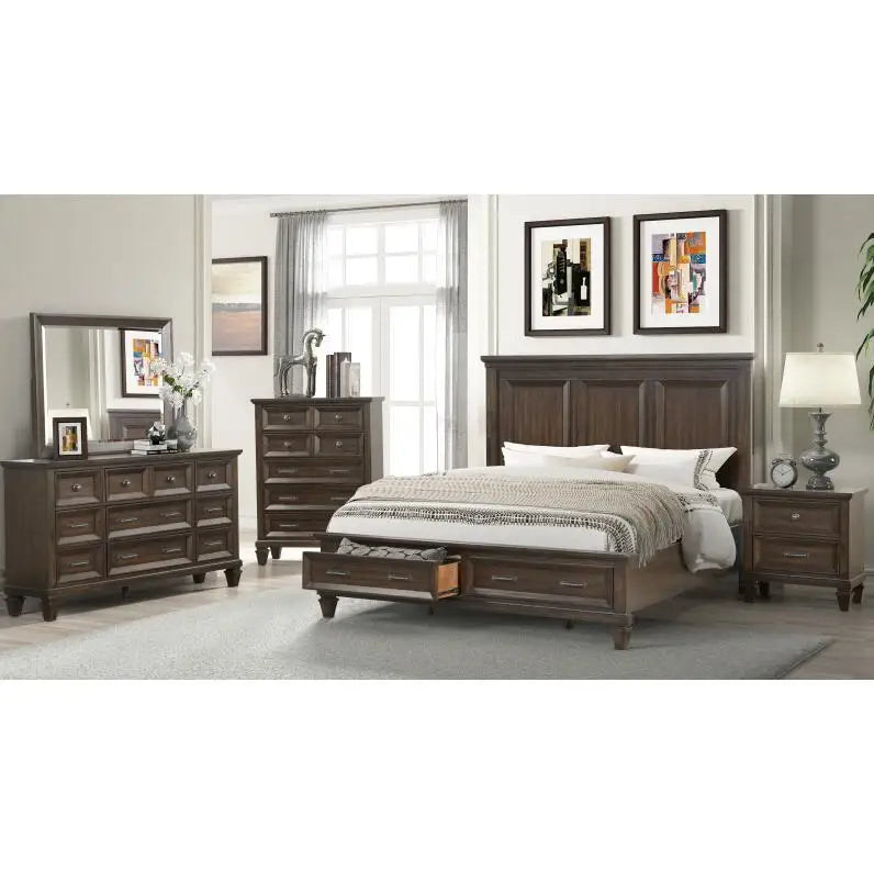 Queen 5 Piece Storage Bed in Dark Walnut made with Engineered Wood