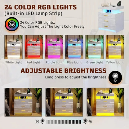 High-Gloss Modern Night Stand with 24 LED Color Lights and 3 Drawers