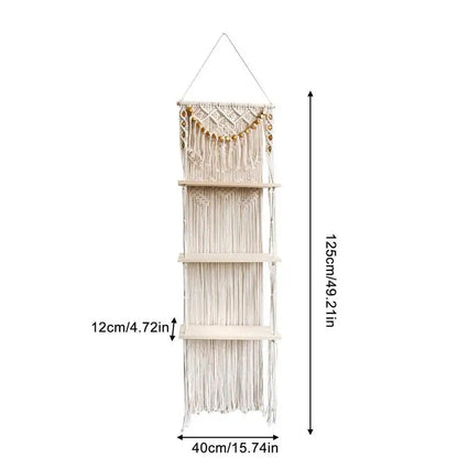 Tapestry Macrame Floating 3-Tiered Wall Shelf With Handmade Woven Rope