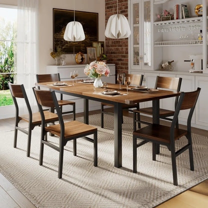 7 Pieces Dining Table with 6 Chairs, 63" Extendable