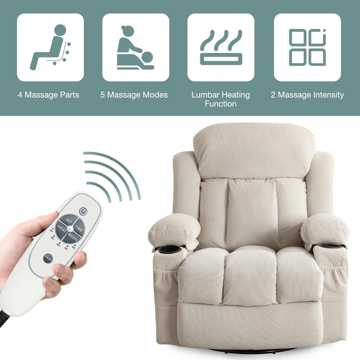 Swivel and Rocking Massaging Recliner with Heat and Vibration