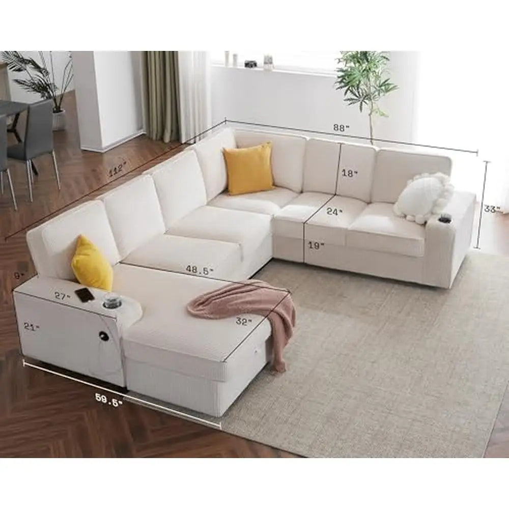 Luxurious Comfort Beige Corduroy U-Shaped Sofa 7 Seater with USB Ports & Storage Chaise