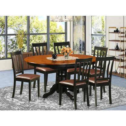 7 Piece Dining Room Table Set, Oval Kitchen Table with Butterfly Leaf, and 6 Faux Leather Upholstered Dining Chairs