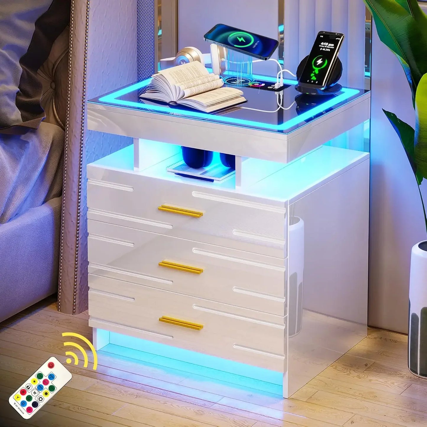 High-Gloss Modern Night Stand with 24 LED Color Lights and 3 Drawers