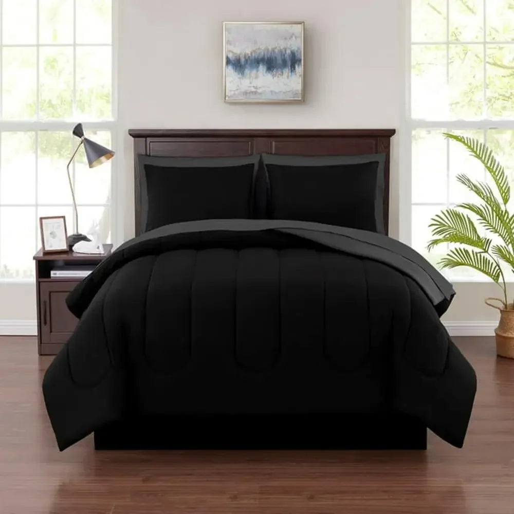 7-Piece King Bedding Set Reversible Black Comforter with Sheets