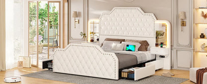 Queen Size 53” Tall Platform Bed Frame With 4 Storage Drawers Built-in Charging Station