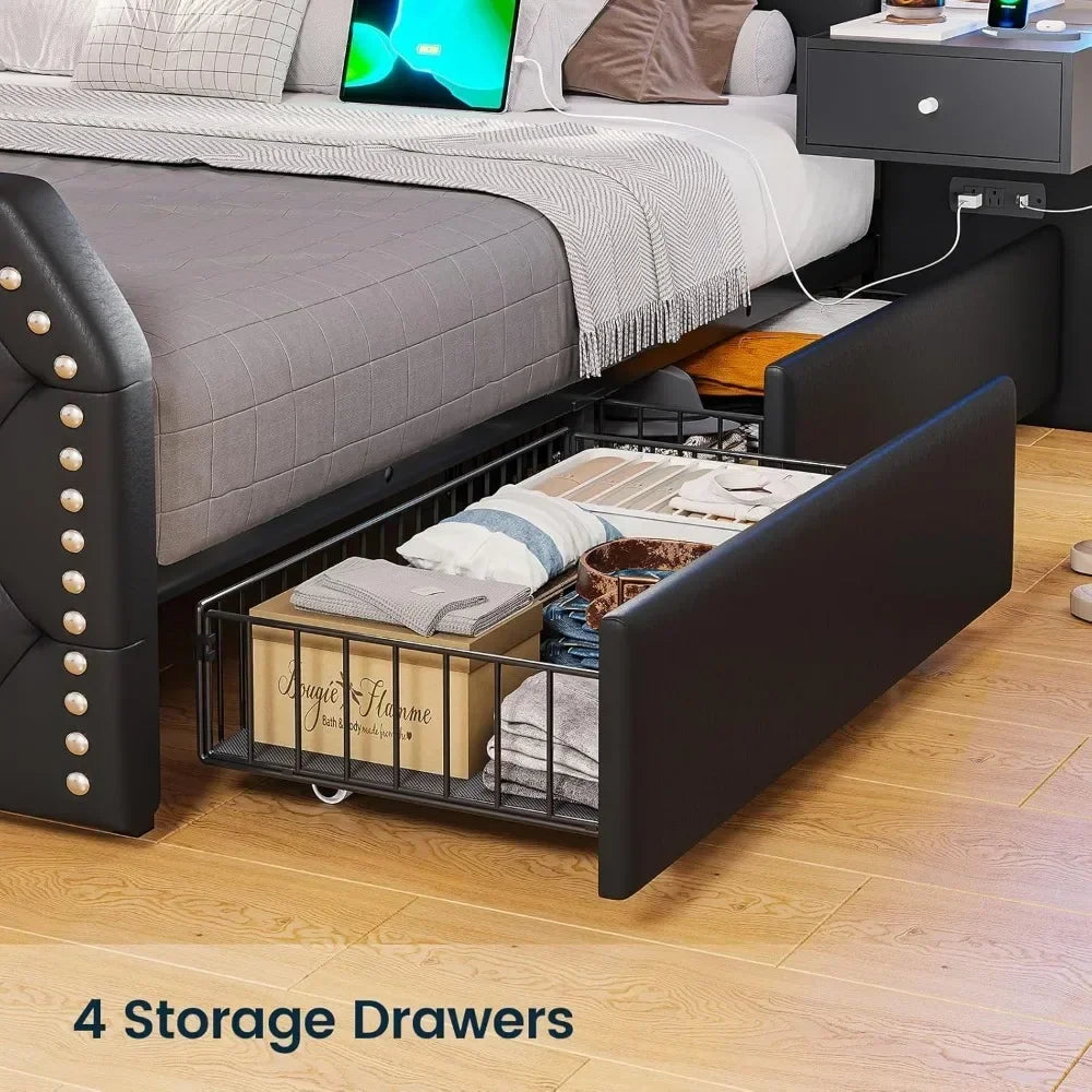 Queen Size 53” Tall Platform Bed Frame With 4 Storage Drawers Built-in Charging Station