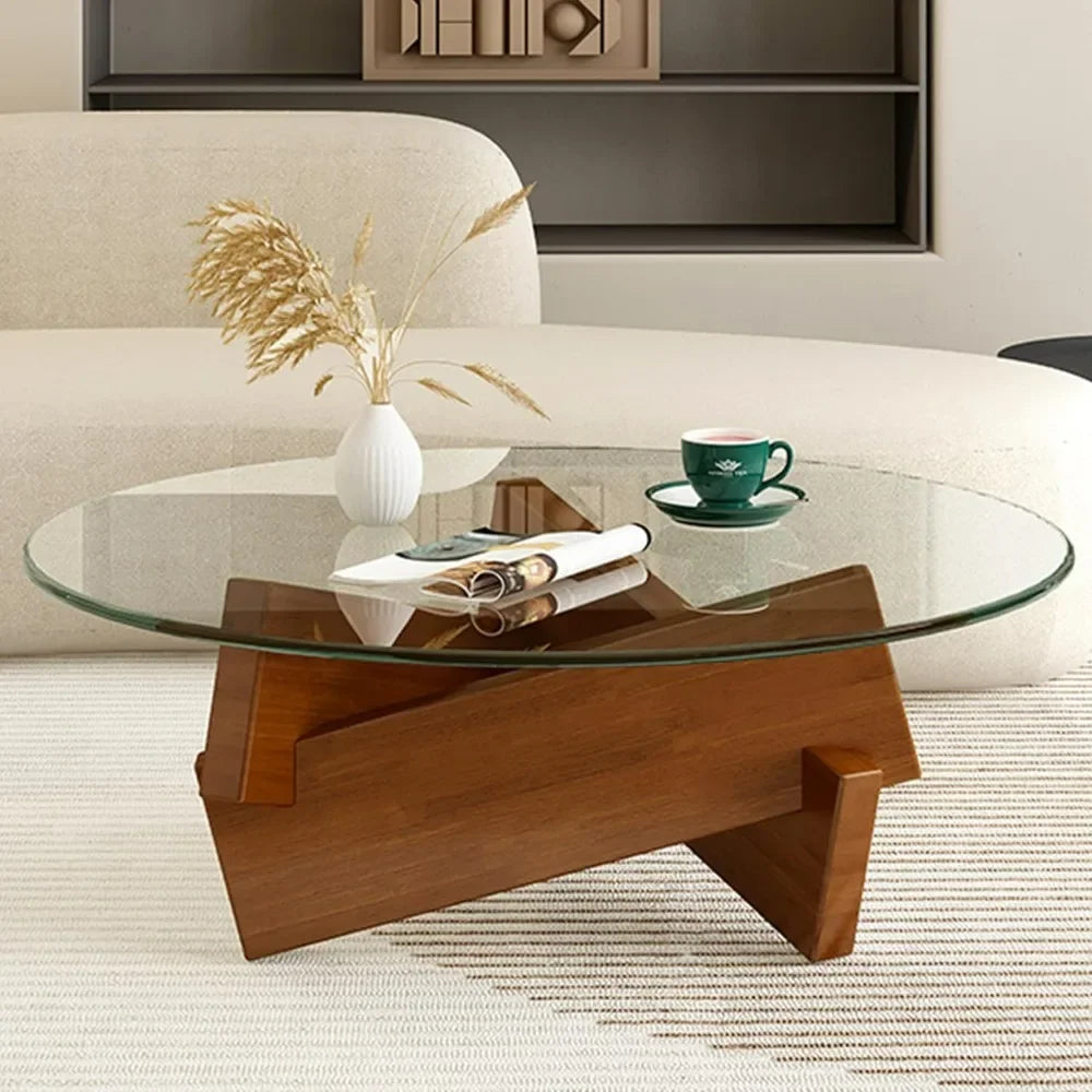 Round Glass Coffee Table with Solid Wood Legs for Living Room