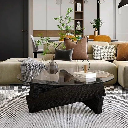 Round Glass Coffee Table with Solid Wood Legs for Living Room