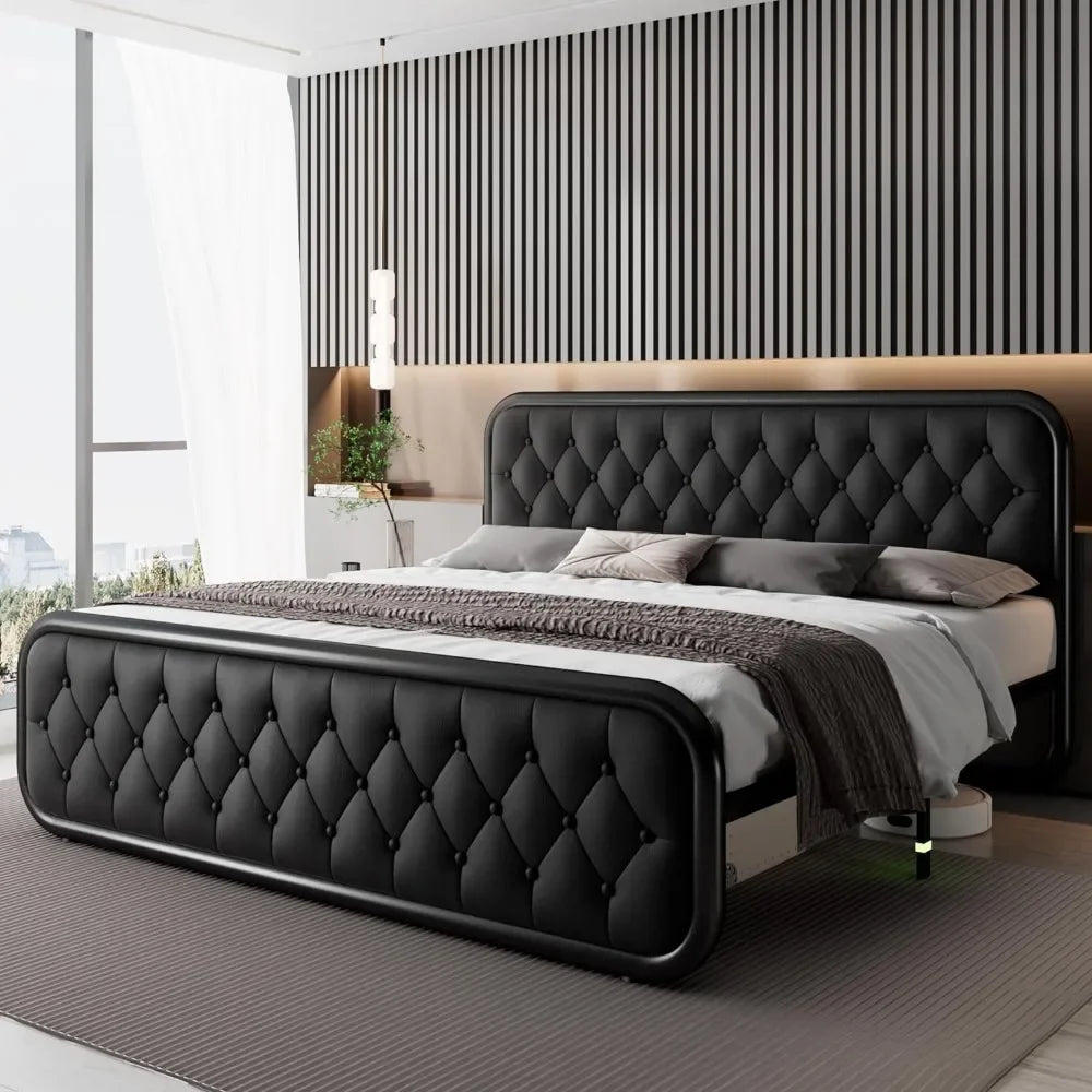 King or Queen Size Bed Frame With Faux Leather Headboard 12" Under-Bed Storage